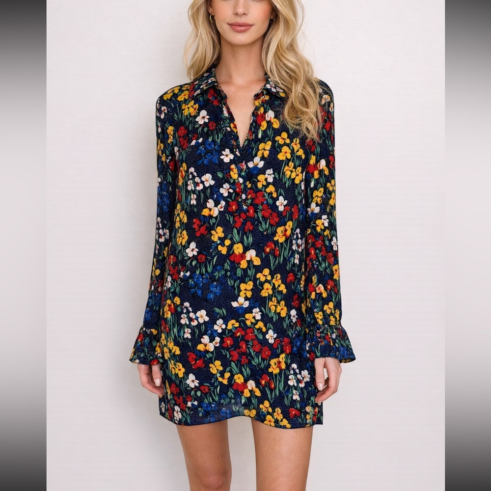 Tory Burch 4 Livia Iris Garden Colorful Floral Long Sleeve Ruffle Dress